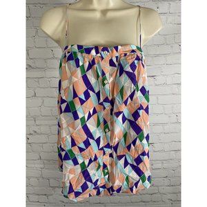 Clarte Multicolor 100% Silk Geometric Button Up Cross Back Spaghetti Strap Top S